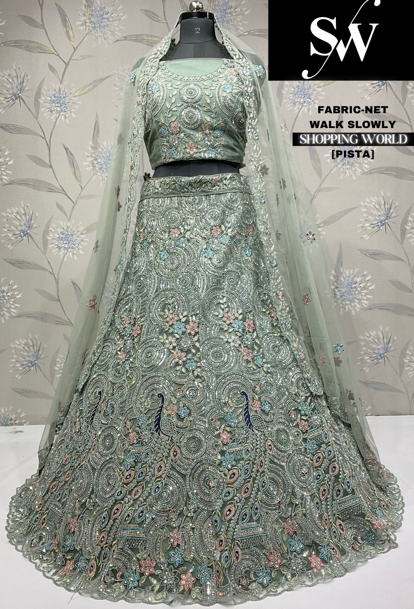 Khoobsurat pista green Net Walk Slowly Lehenga