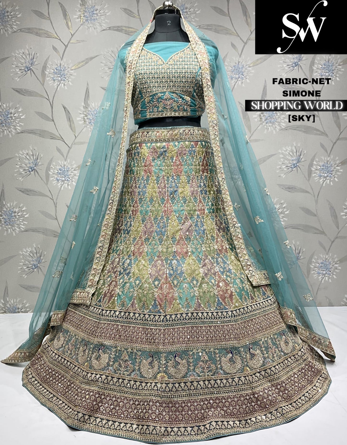 Beautiful sky blue Net Simone Lehenga