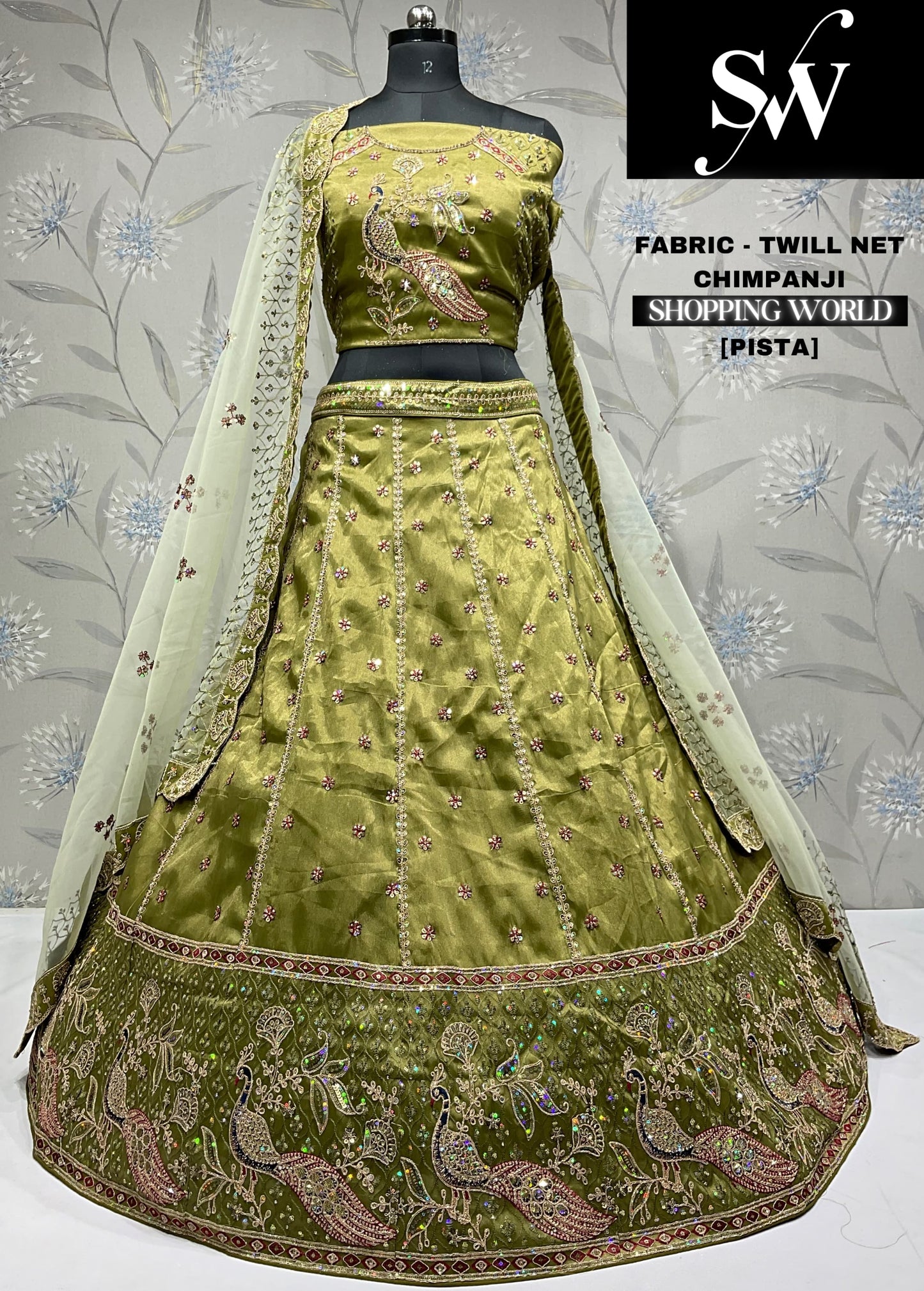 Lavishing pista green Twill Net Chimpanji Lehenga