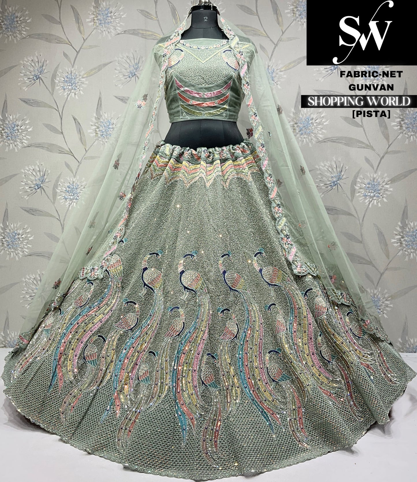 Fantastic peacock pista green net Lehenga