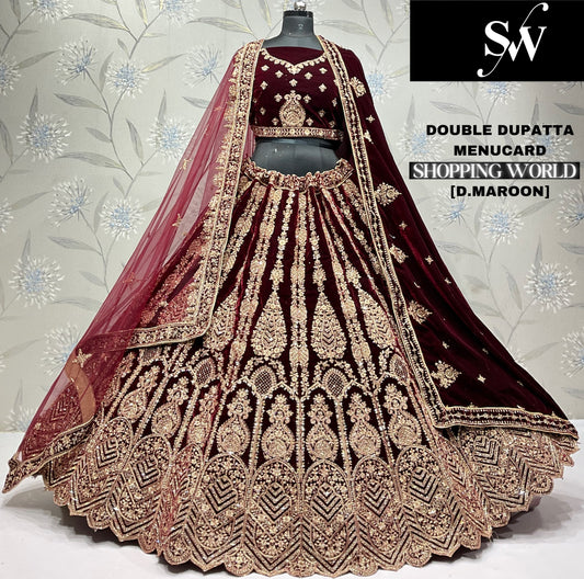 Fabulous Dark maroon Double dupatta bridal Lehenga