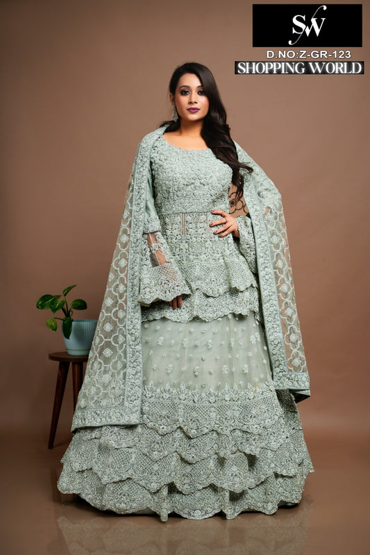Fantastic Sea green Peplum long Dress Farshi Gaharara Bridal Dress Muslim Special