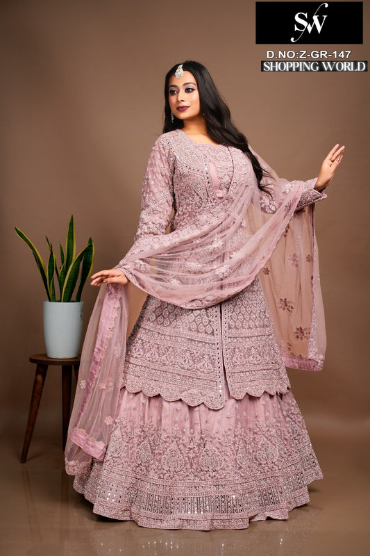 Delightful Cream pink Peplum long Dress Farshi Gaharara Bridal Dress Muslim Special