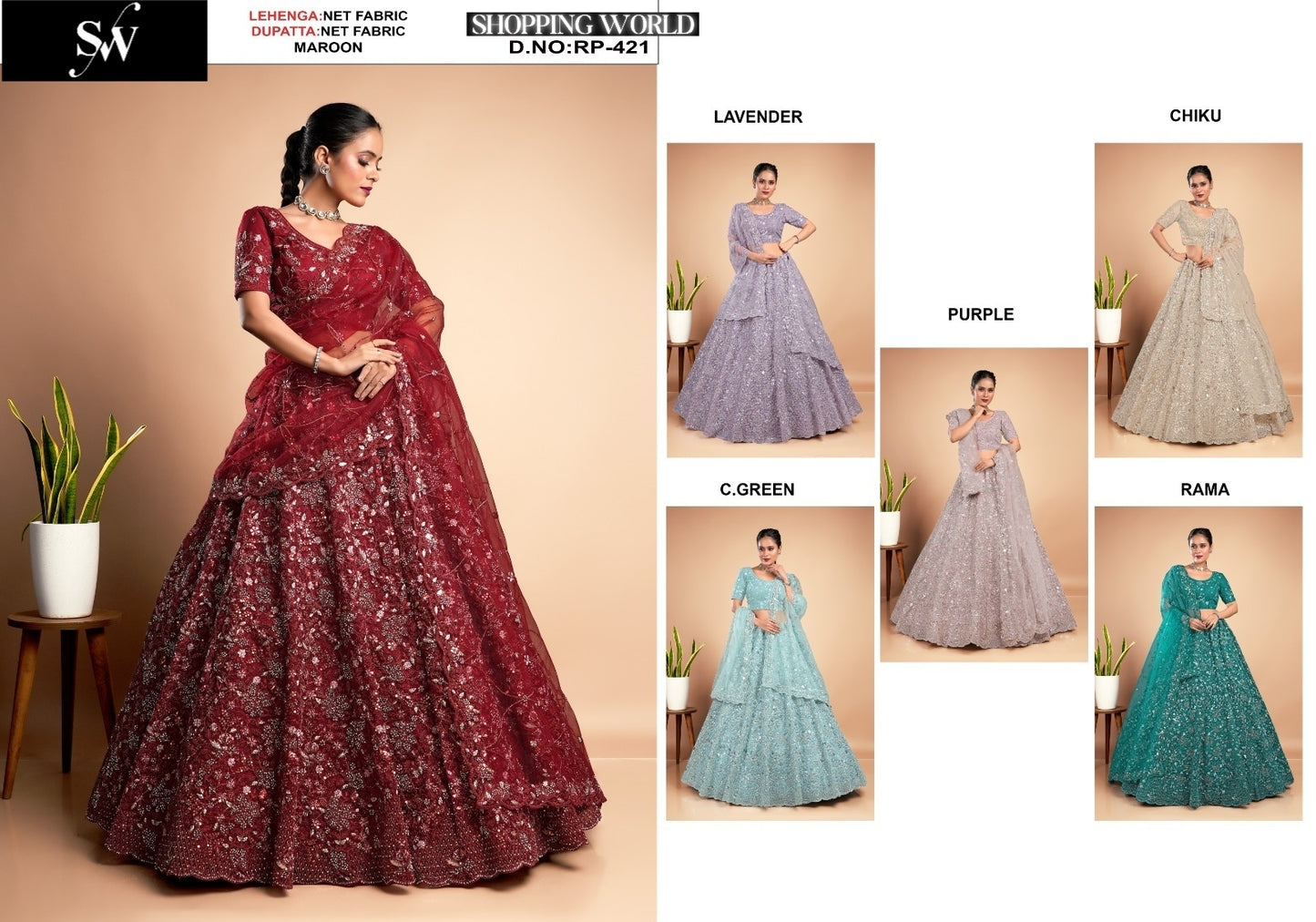 Impresionante Lehenga de tela de red en color granate, lavanda, verde mar, morado, verde chiku y verde rama.