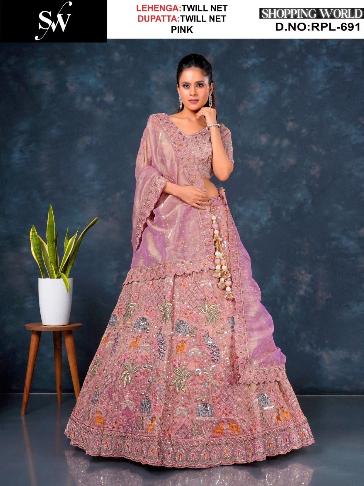Embellished Rust pink Peacock Twill Net Lehenga