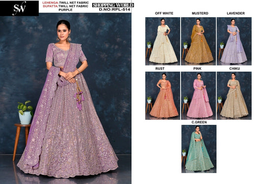 Glamorous Off white Chiku Mustard purple Lavender Sea green Rust pink Twill Net Fabric Lehenga