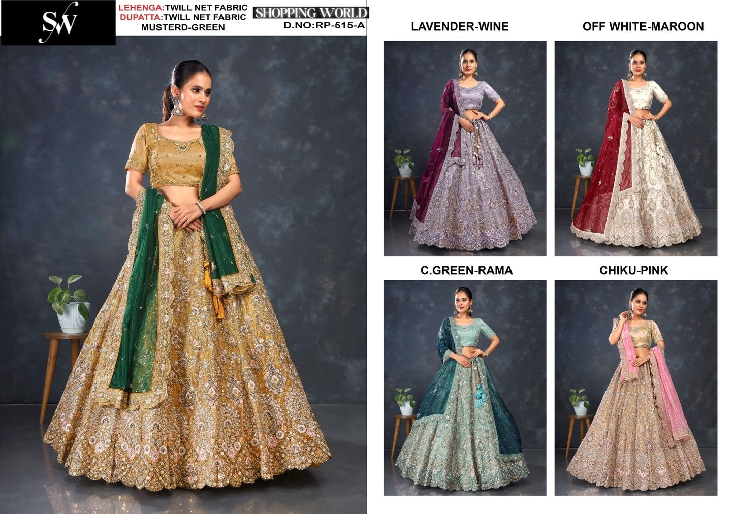 Gorgeous Mustard Lavender off white Chiku Sea green Twill Net Fabric Lehenga