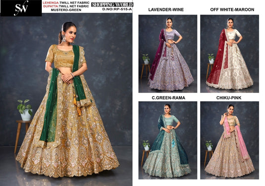 Gorgeous Mustard Lavender off white Chiku Sea green Twill Net Fabric Lehenga