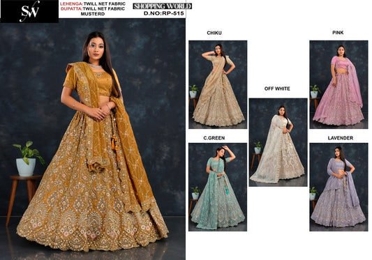 Attractive Mustard Lavender off white Chiku Sea green pink  Twill Net Fabric Lehenga