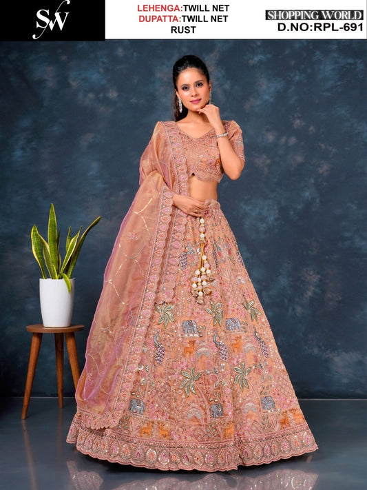 Engaging pink Peacock Twill Net Lehenga