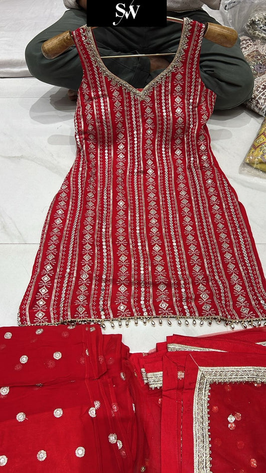 Astonishing red Shrug dress stitched suit ready to wear