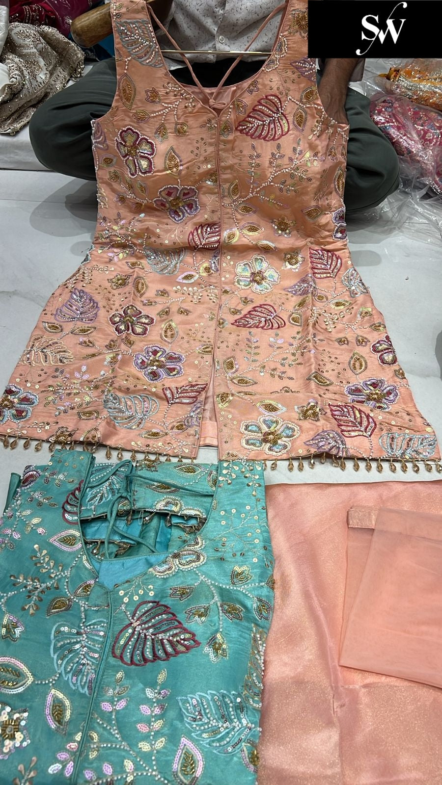 Embellished peach Shrug dress stitched suit ready to wear