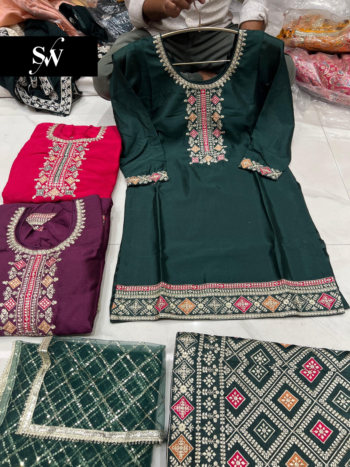 Majestic green Shrug dress stitched suit ready to wear