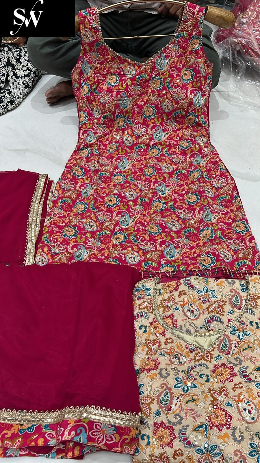 Eye catching red Shrug dress stitched suit ready to wear