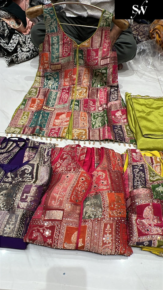 Pleasing pink green peach peacock Multicolour Shrug dress stitched suit ready to wear