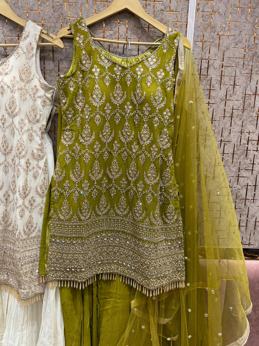 Stunning yellow white green mehendi shrug dress