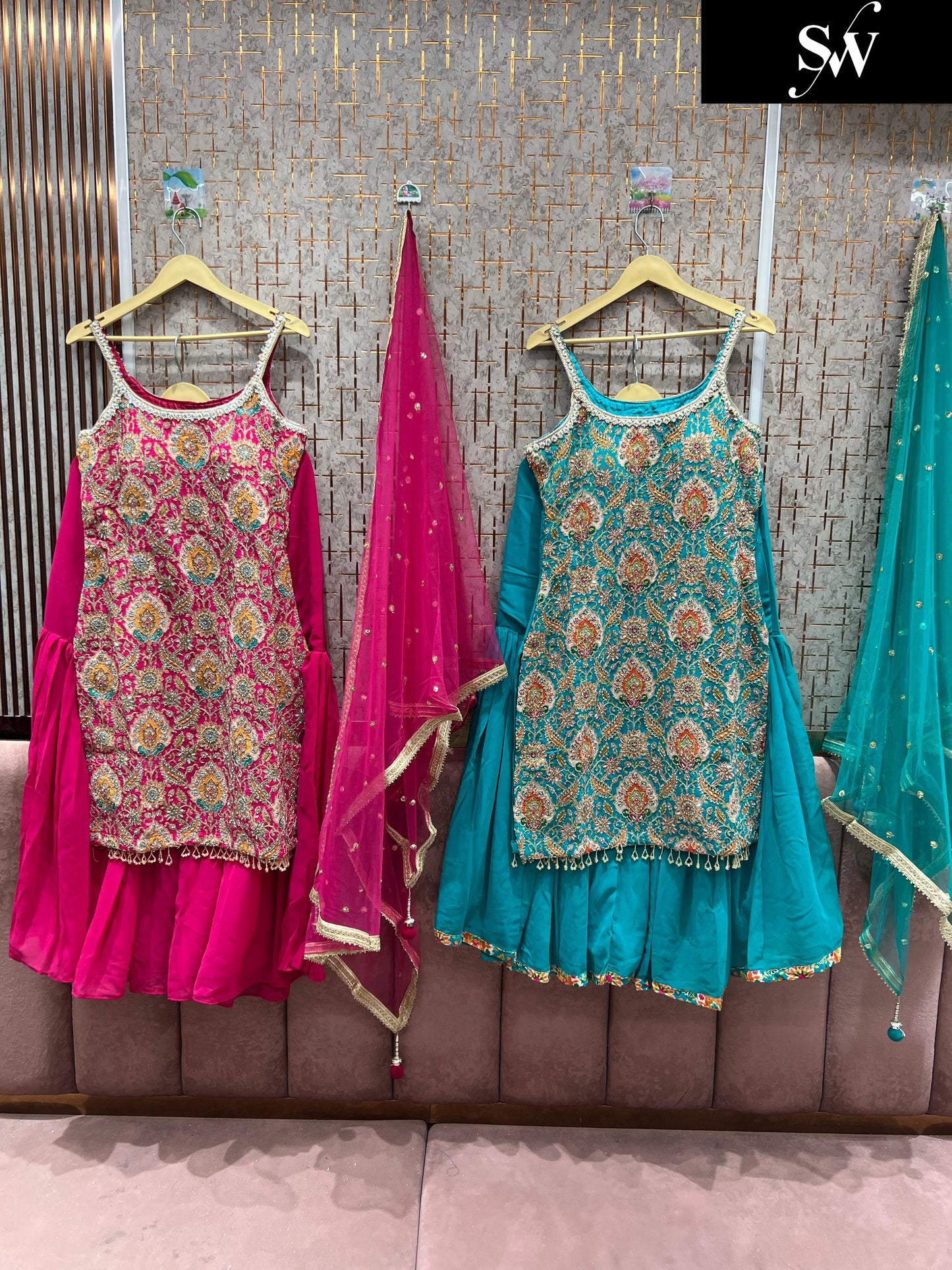 Good looking pink green Blue Shrug dress