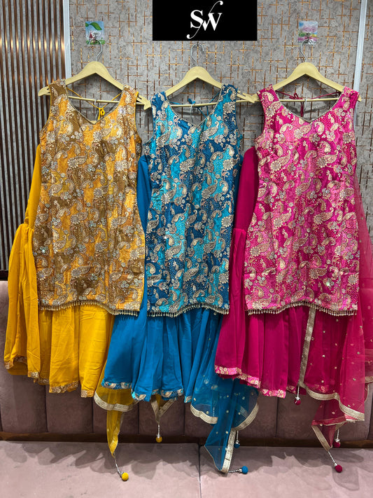 Beautiful yellow Mustard PINK blue Shrug dress