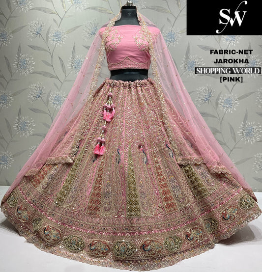 Designer pista green peacock net Lehenga