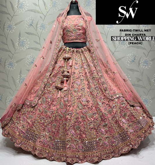 Glamorous peach pink Twill Net Lehenga