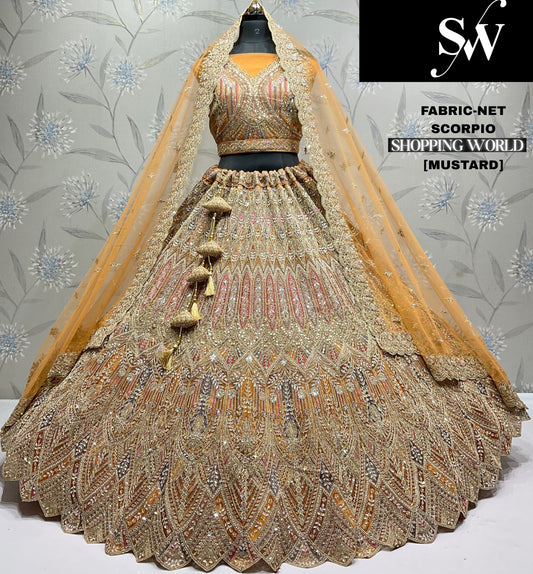 Embellished golden Chiku Net Lehenga