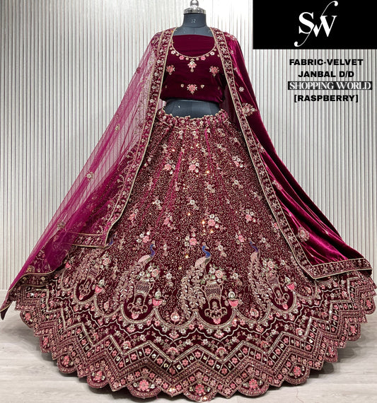 Delightful Raspberry red peacock Double Duptta Velvet bridal Lehenga