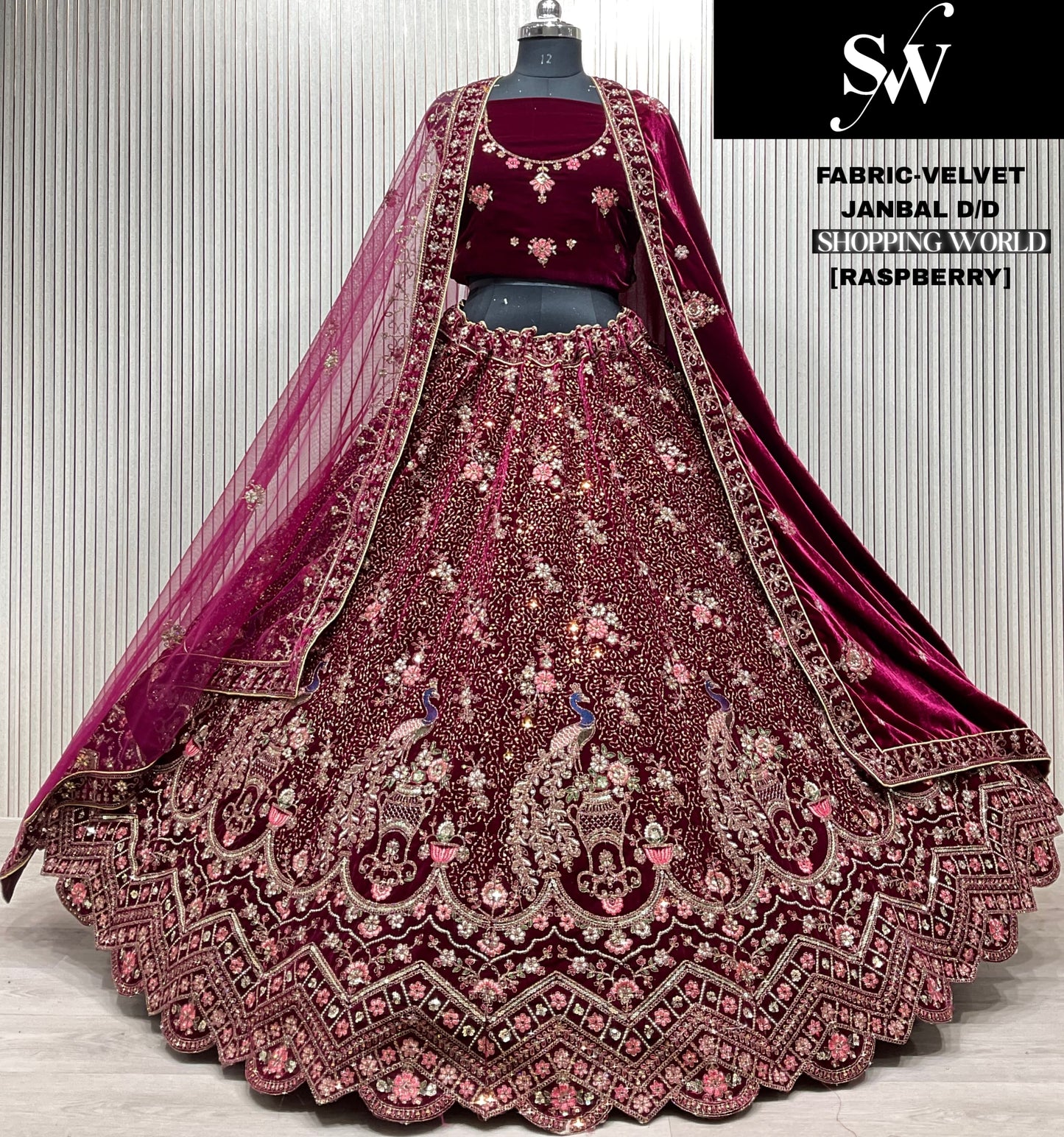 Eye catching Light maroon peacock Double Duptta Velvet bridal Lehenga