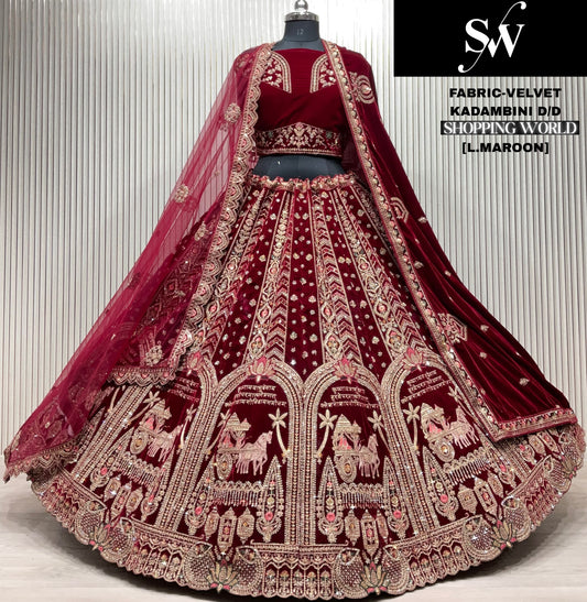 Awesome light maroon Doli barat Double Duptta Velvet bridal Lehenga