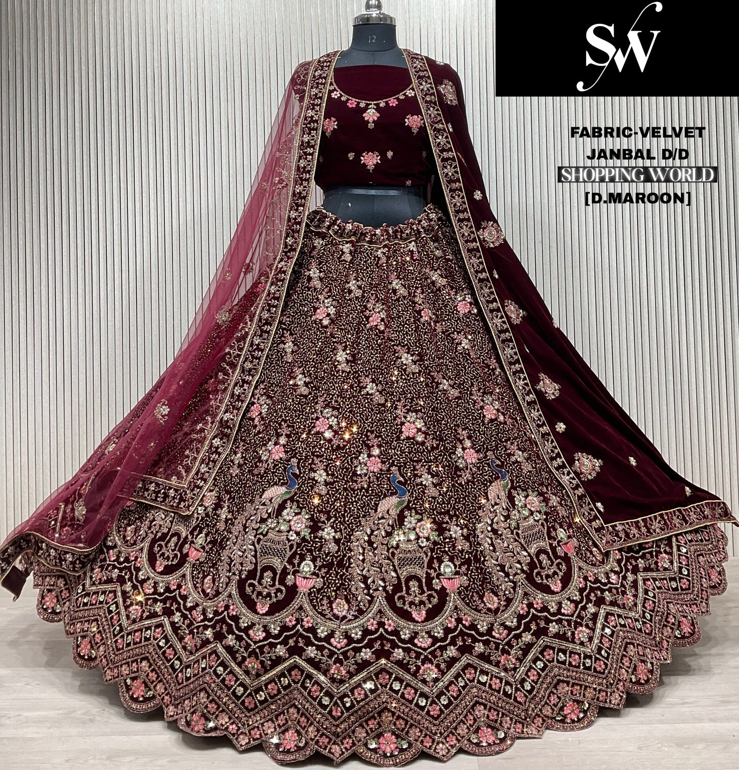 Delightful Raspberry red peacock Double Duptta Velvet bridal Lehenga