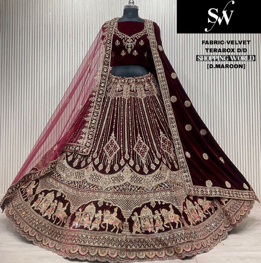 Superb Trendy Dark maroon Doli barat Double Duptta Velvet bridal Lehenga