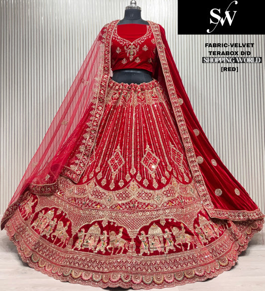 Engaging red Doli barat Double Duptta Velvet bridal Lehenga