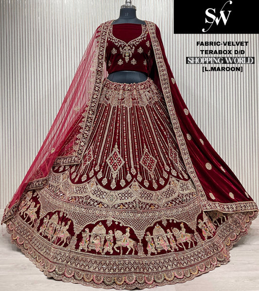 Elegant light maroon Doli barat Double Duptta Velvet bridal Lehenga