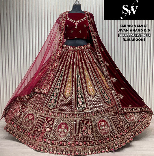 Lovely light maroon Double Duptta Velvet bridal Lehenga