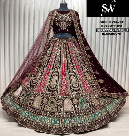 Glamorous Dark maroon Double Duptta Velvet bridal Lehenga