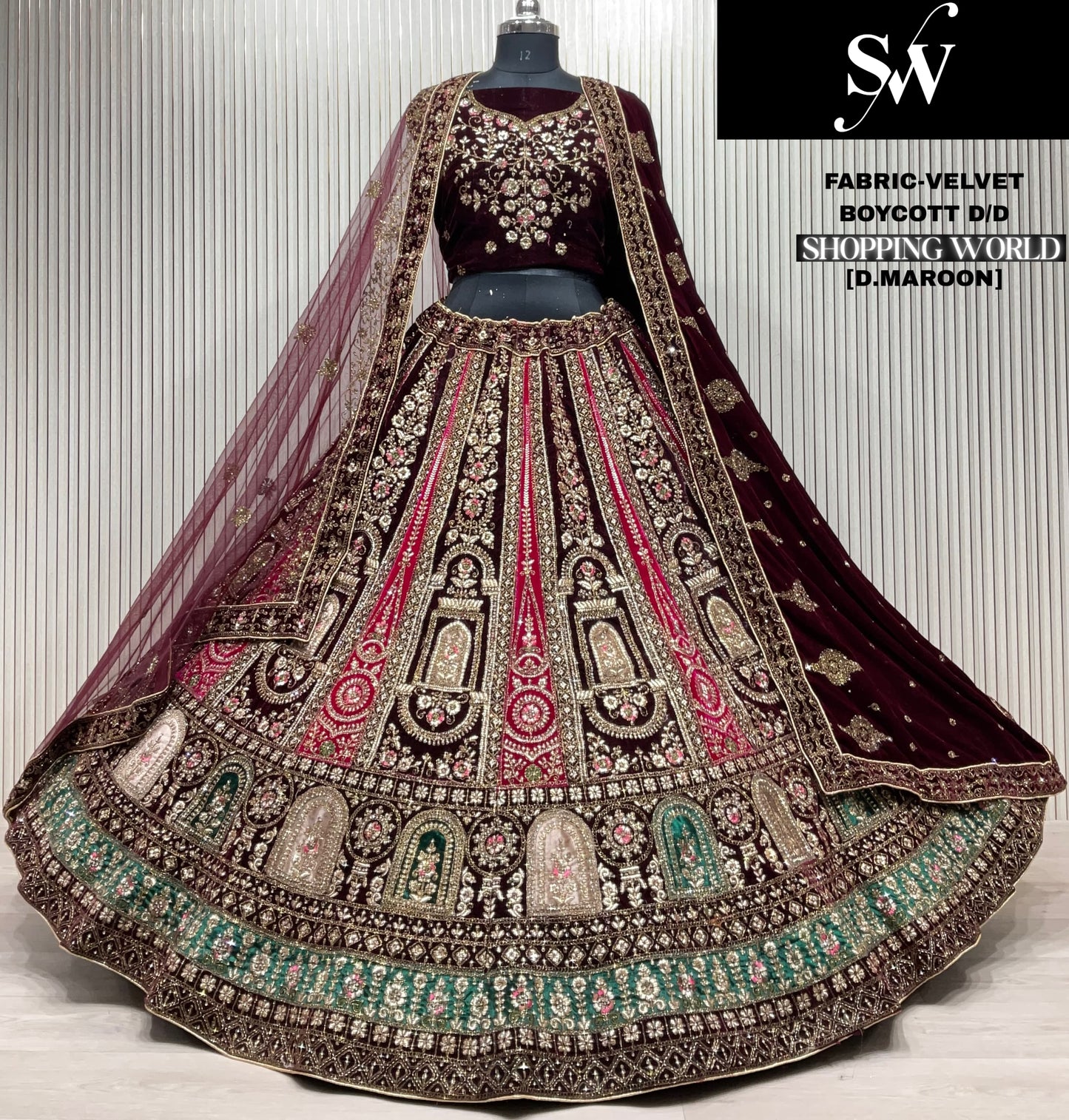 Gorgeous rani pink Double Duptta Velvet bridal Lehenga