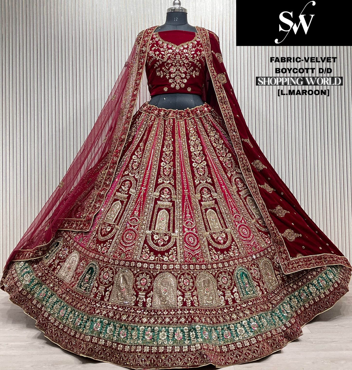 Glamorous Dark maroon Double Duptta Velvet bridal Lehenga