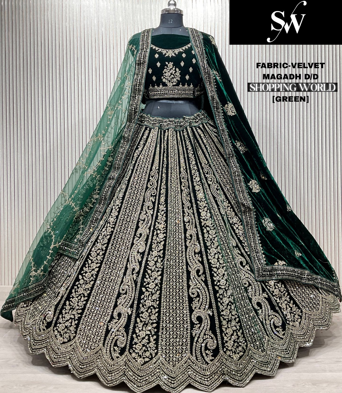 Designer mehendi green Double Duptta Velvet bridal Lehenga