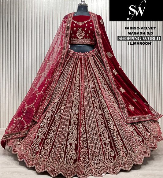Pleasing light maroon Double Duptta Velvet bridal Lehenga