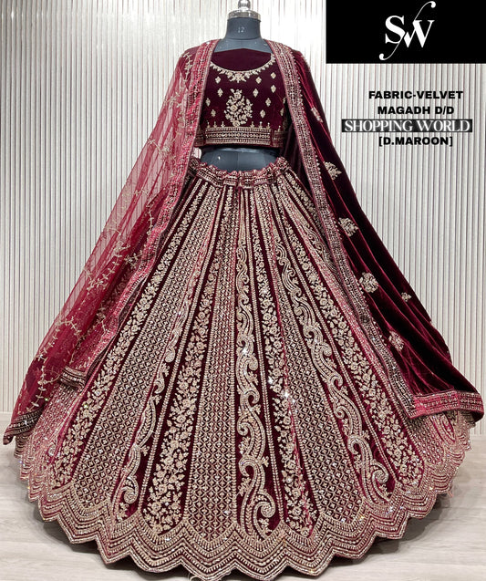 Charming Dark maroon Double Duptta Velvet bridal Lehenga