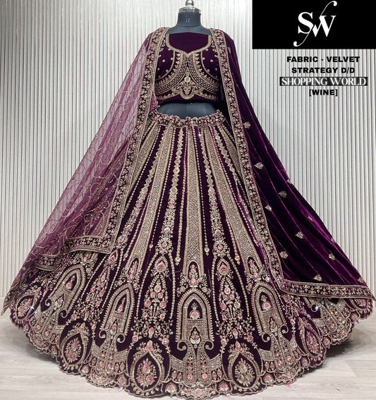 Good looking wine Double Duptta Velvet bridal Lehenga
