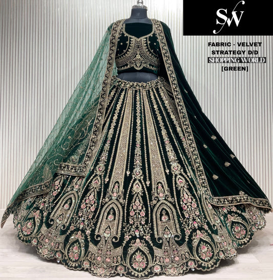 Stunning green Double Duptta Velvet bridal Lehenga