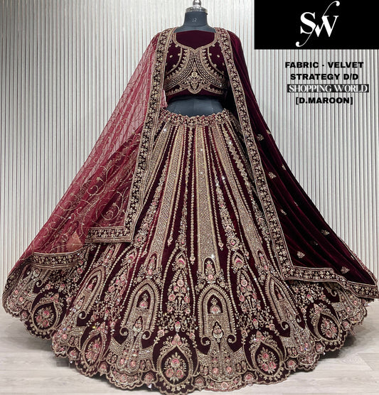 Khoobsurat Dark maroon Double Duptta Velvet bridal Lehenga
