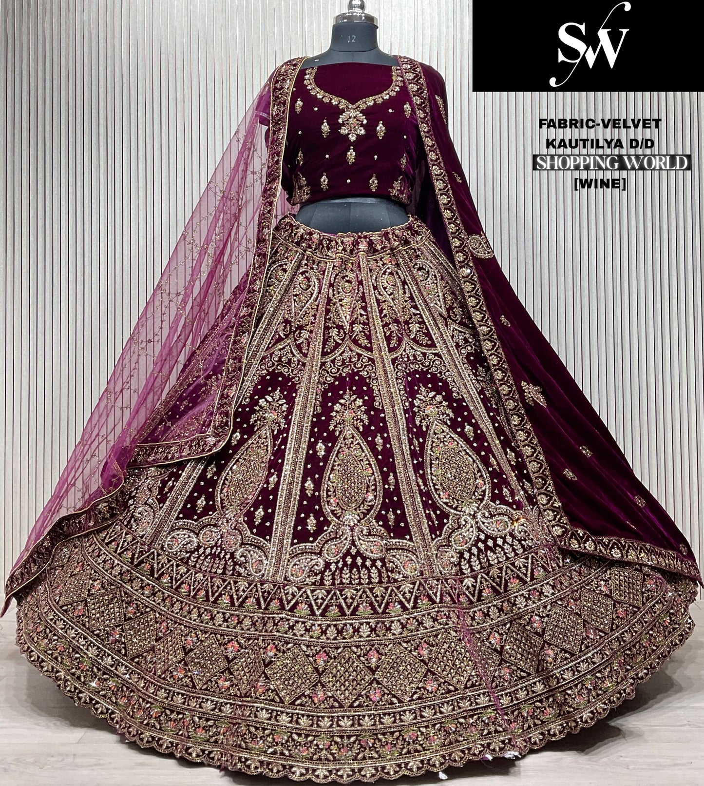 Eye catching light maroon Double Duptta Velvet bridal Lehenga
