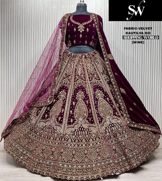 Delightful Firozi Double Duptta Velvet bridal Lehenga