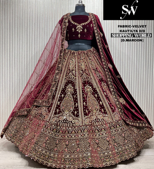 Something different Dark  maroon Double Duptta Velvet bridal Lehenga