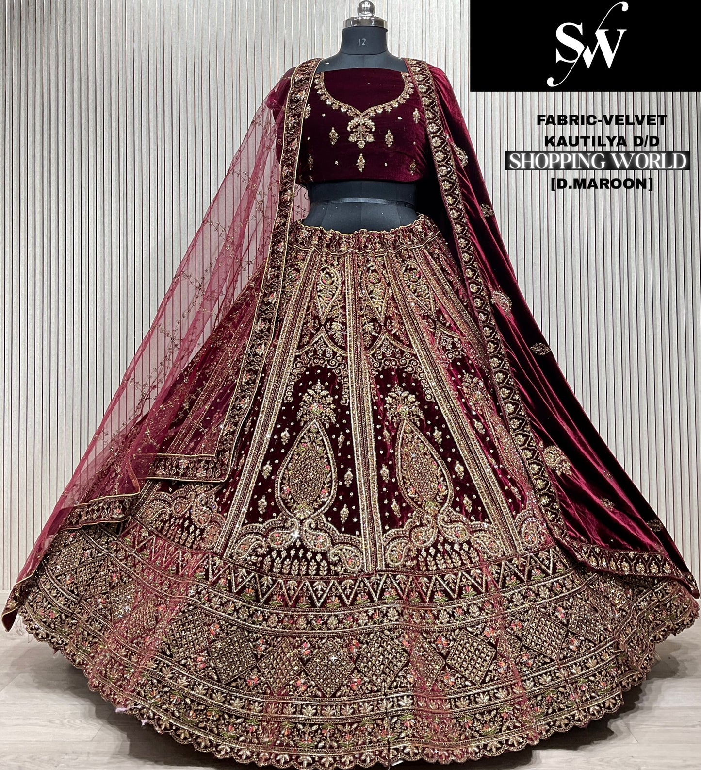 Embellished Raspberry red Double Duptta Velvet bridal Lehenga