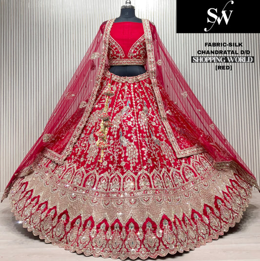 Something different red peacock  Double Duptta Silk bridal Lehenga