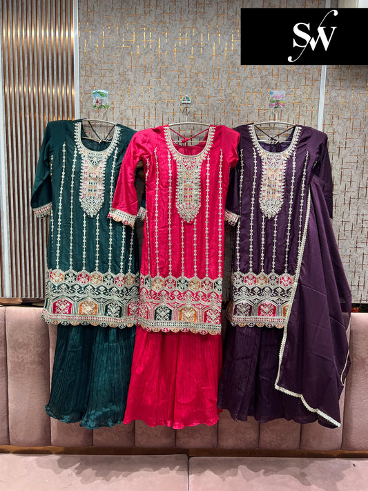 Embellished purple pink Green Shrug dress readymade suit