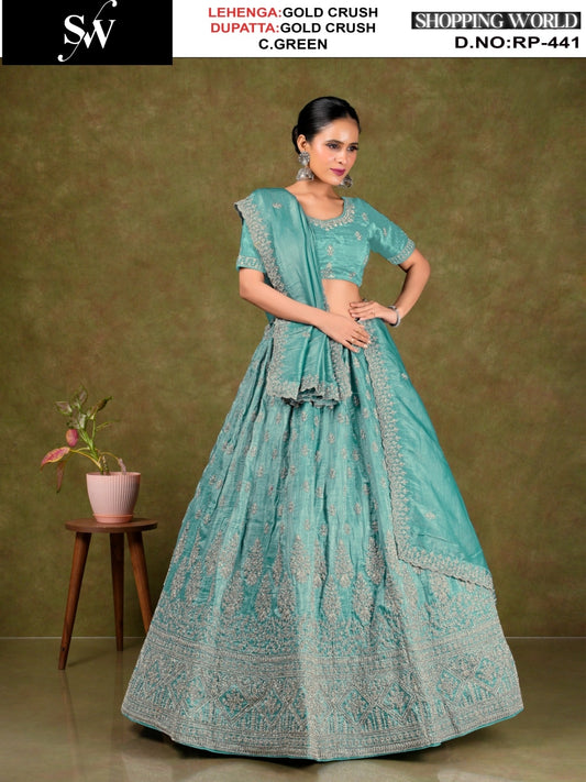 Embellished Morpich Sky Blue Gold crush Lehenga