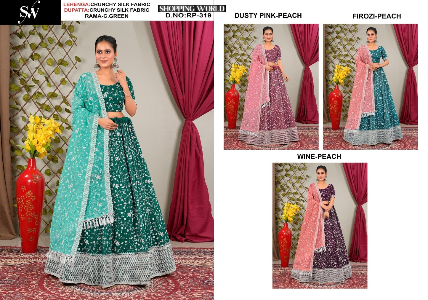 Pretty Dusty pink Firozi wine Rama green Silk Lehenga